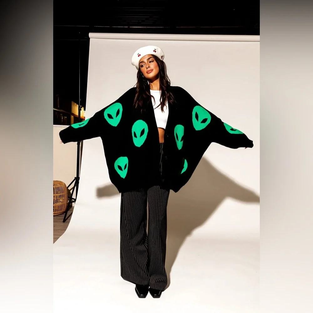 Dressed in LALA Black Cardigan with Neon Green Alien Heads - Picture 3 of 13